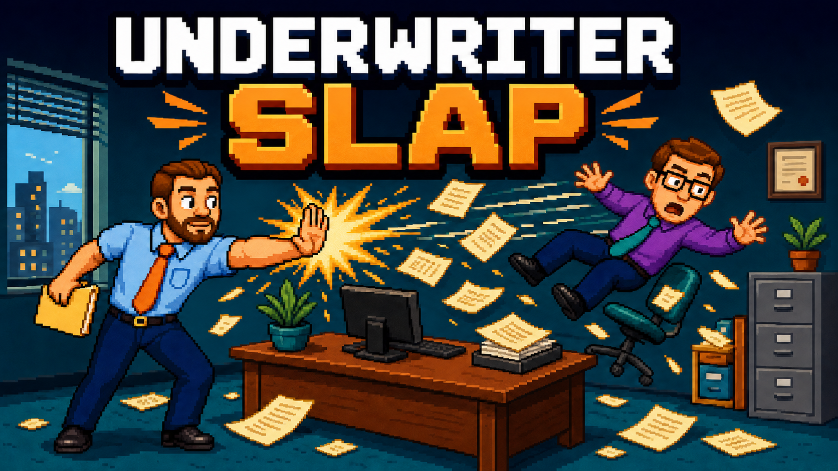 Underwriter Slap arcade art showing an agent launching an underwriter across an office